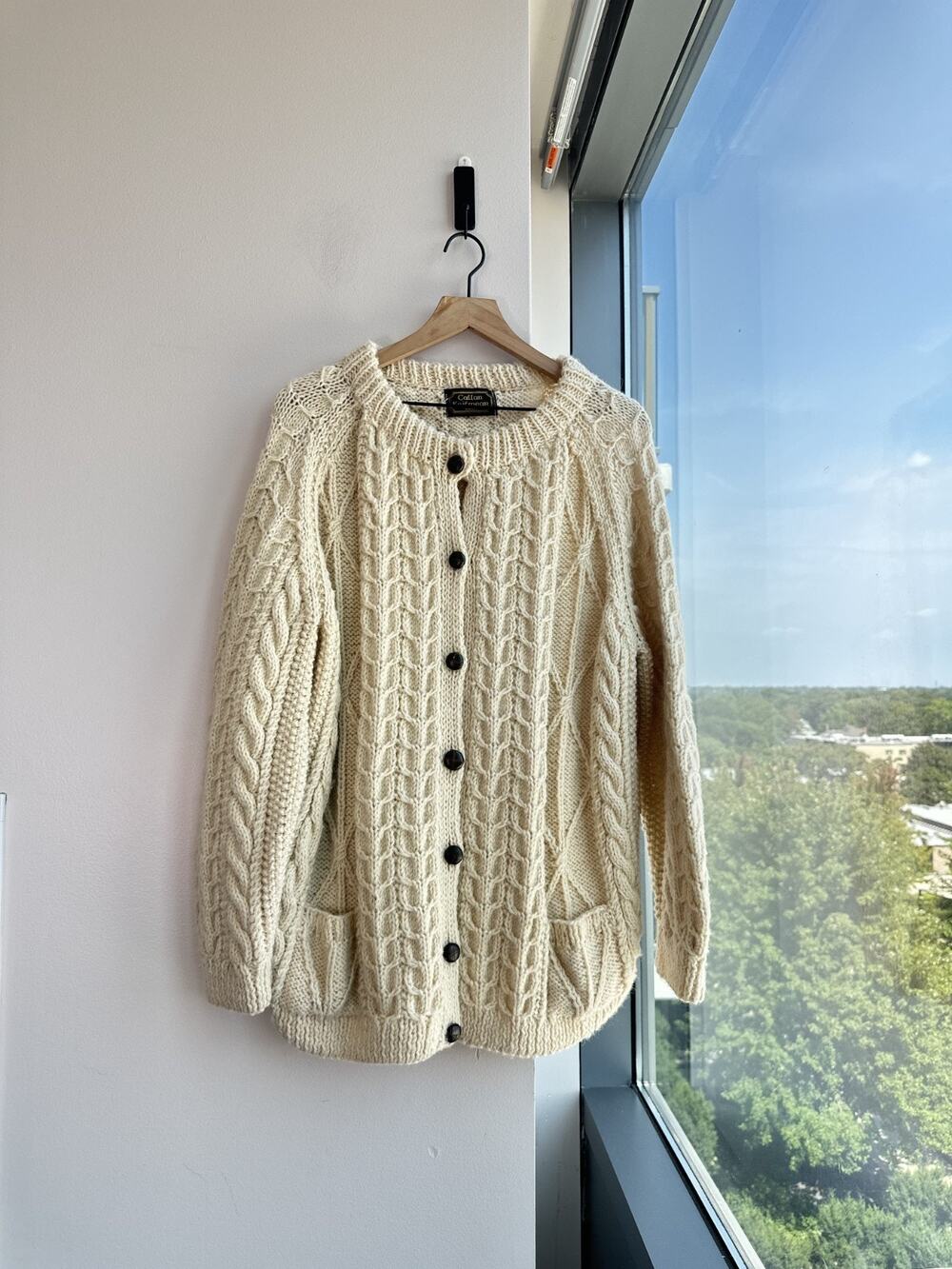 Vintage Callan Ivory Knitwear Ireland Pure New Wool Cable Knit Grandpa Cardigan